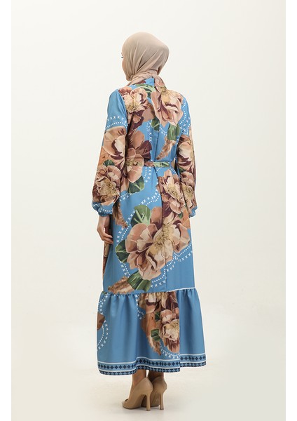 Çiçek Desenli Krep Elbise 0350-01 Mavi Kahverengi indirimleri