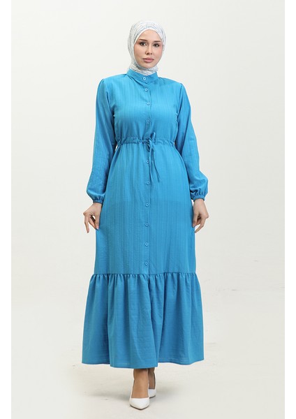 Boydan Düğmeli Etek Ucu Büzgülü Elbise 0351-02 Mavi