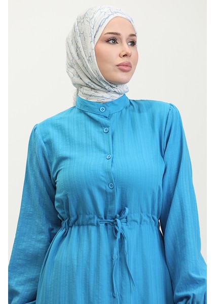 Boydan Düğmeli Etek Ucu Büzgülü Elbise 0351-02 Mavi modelleri