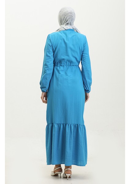 Boydan Düğmeli Etek Ucu Büzgülü Elbise 0351-02 Mavi indirimleri