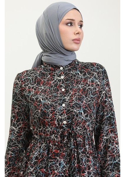 Karışık Desenli Elbise 0352-05 Siyah