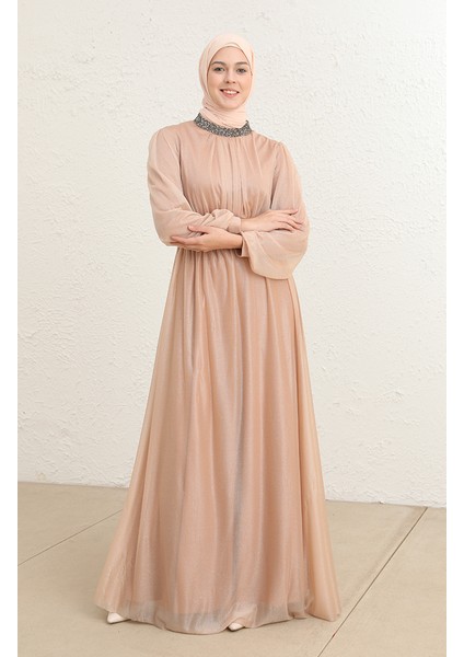 Kemerli Simli Abiye Elbise 5501-26 Somon