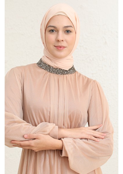 Kemerli Simli Abiye Elbise 5501-26 Somon