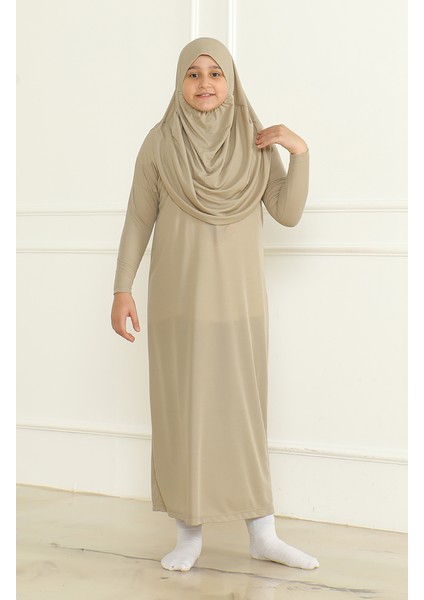 Tek Parça Başörtülü Pratik Çocuk Namaz Elbisesi 1985-02 Vizon