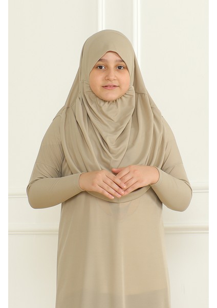 Tek Parça Başörtülü Pratik Çocuk Namaz Elbisesi 1985-02 Vizon modelleri