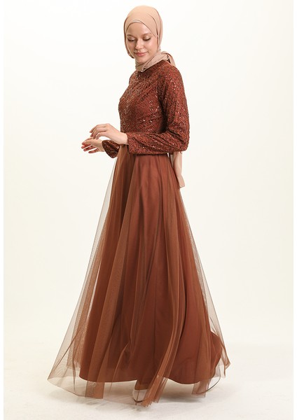 Kemerli Abiye Elbise 5353-16 Taba fiyatları