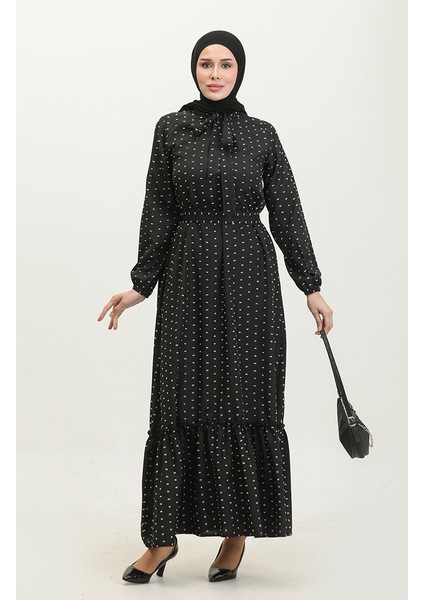 Pıtpıt Desenli Kuşaklı Elbise 0383-01 Siyah