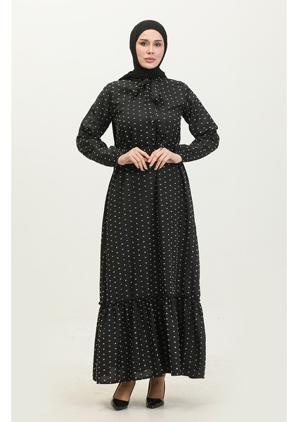 Pıtpıt Desenli Kuşaklı Elbise 0383-01 Siyah fiyatları