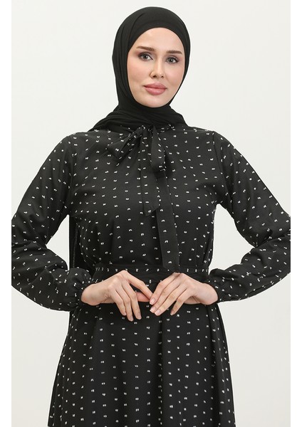 Pıtpıt Desenli Kuşaklı Elbise 0383-01 Siyah modelleri