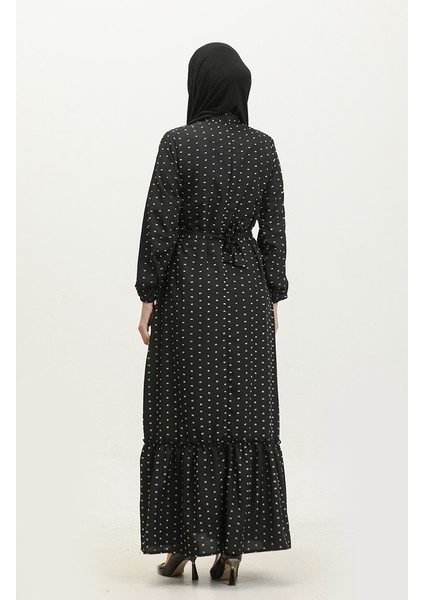 Pıtpıt Desenli Kuşaklı Elbise 0383-01 Siyah indirimleri