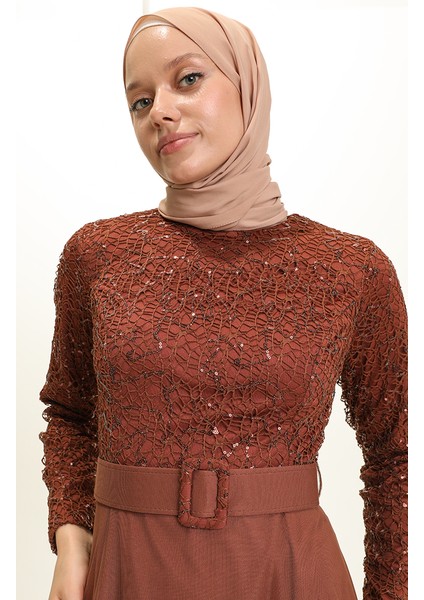 Kemerli Abiye Elbise 5353-16 Taba fırsatları