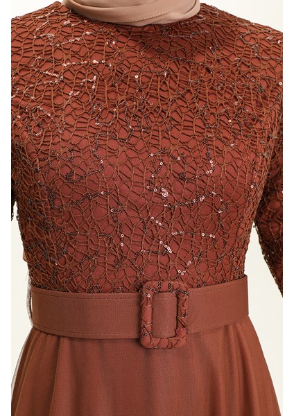 Kemerli Abiye Elbise 5353-16 Taba indirimleri