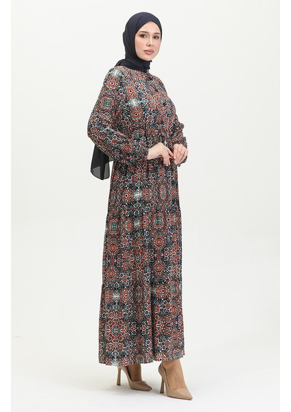 Viskon Karışık Desenli Elbise 0394-03 Kiremit Mor