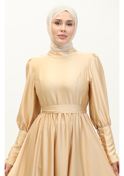 Kuplu Saten Abiye Elbise 6080-09 Gold