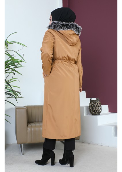 Büyük Beden Bondit Kumaş Fermuarlı Mont 11455-08 Açık Taba