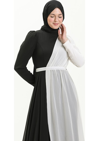 Renk Garnili Şifon Abiye Elbise 5606-01 Siyah Beyaz