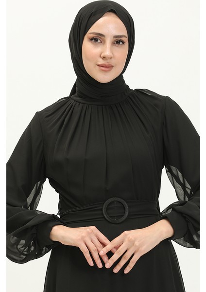 Pileli Şifon Abiye Elbise 5502-02 Siyah