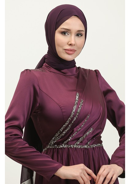 Taşlı Abiye Elbise 5762-01 Mor