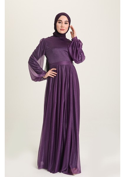 Simli Abiye Elbise 5541-12 Mor