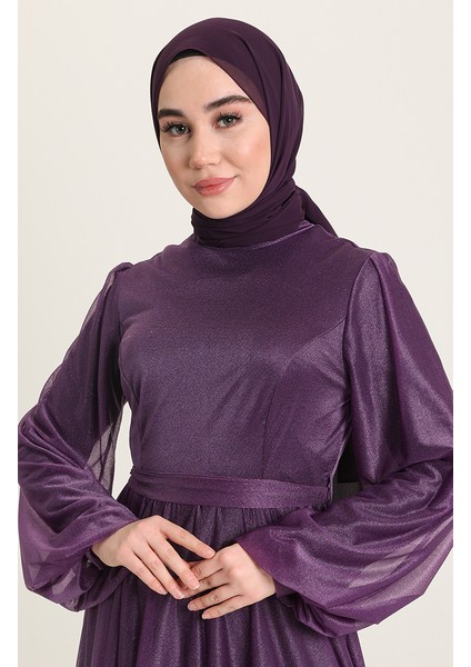 Simli Abiye Elbise 5541-12 Mor