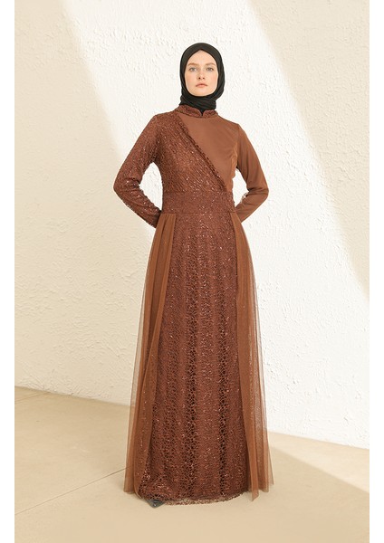 Payetli Tül Abiye Elbise 5345-16 Kahverengi