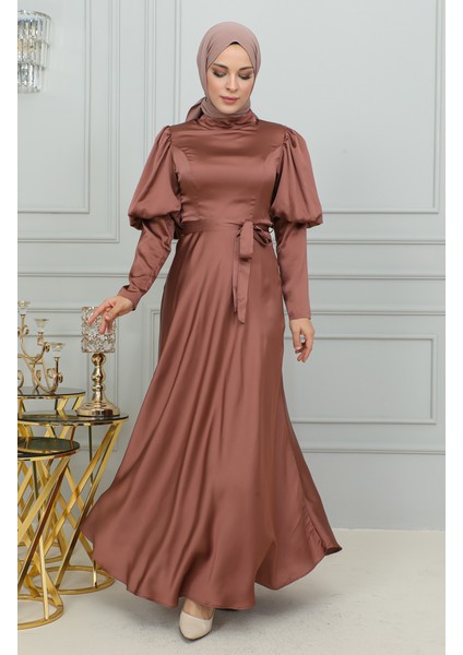 Kol Detaylı Kuplu Abiye Elbise 6084-02 Kahverengi modelleri