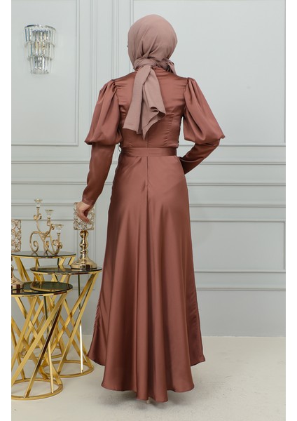 Kol Detaylı Kuplu Abiye Elbise 6084-02 Kahverengi indirimleri