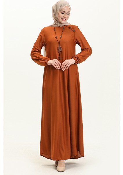 Düğme Detaylı Kolyeli Elbise 4141-04 Taba