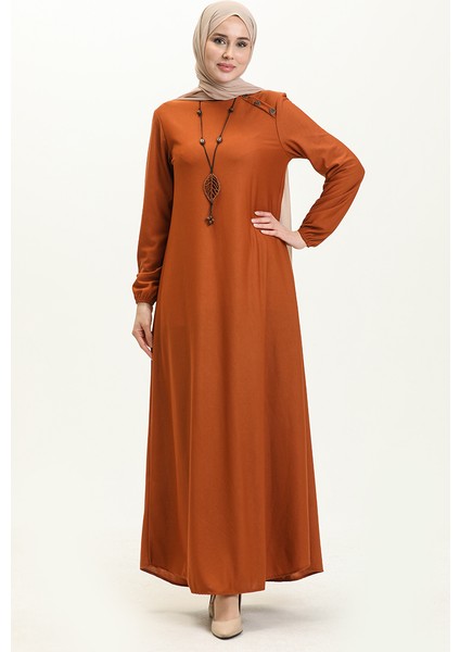 Düğme Detaylı Kolyeli Elbise 4141-04 Taba