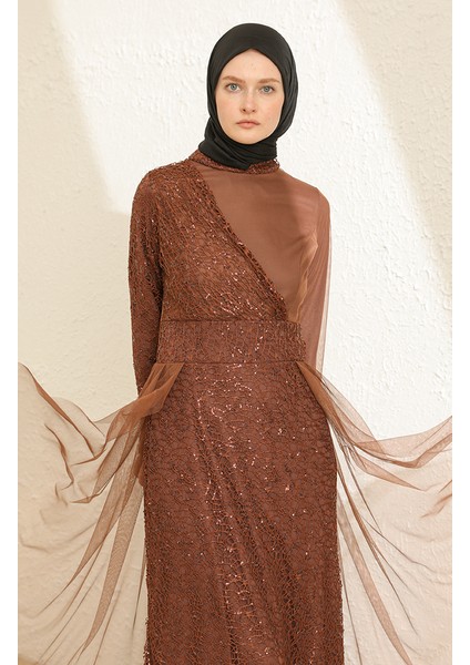 Payetli Tül Abiye Elbise 5345-16 Kahverengi modelleri