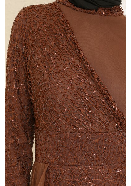 Payetli Tül Abiye Elbise 5345-16 Kahverengi fırsatları