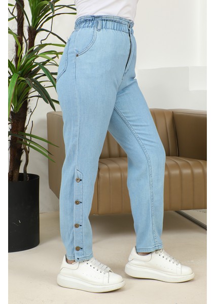 Paçası Düğmeli Düz Kot Pantolon 30131-01 Buz Mavisi