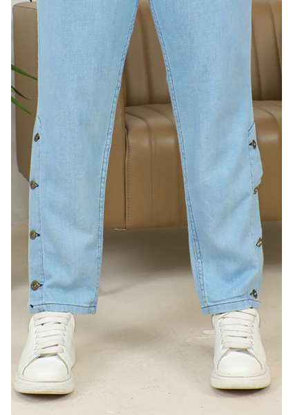 Paçası Düğmeli Düz Kot Pantolon 30131-01 Buz Mavisi