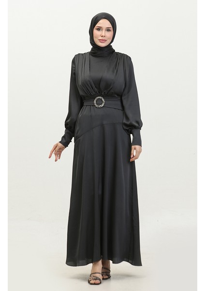 Katmerli Saten Abiye Elbise 6001-02 Siyah