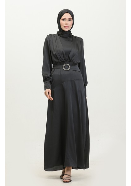 Katmerli Saten Abiye Elbise 6001-02 Siyah