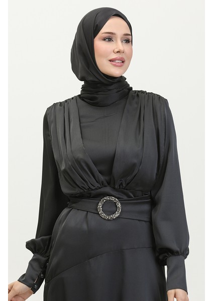 Katmerli Saten Abiye Elbise 6001-02 Siyah