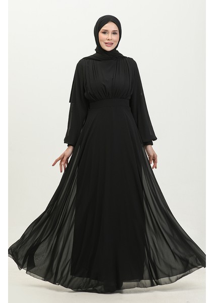 Pileli Abiye Elbise 5422A-03 Siyah