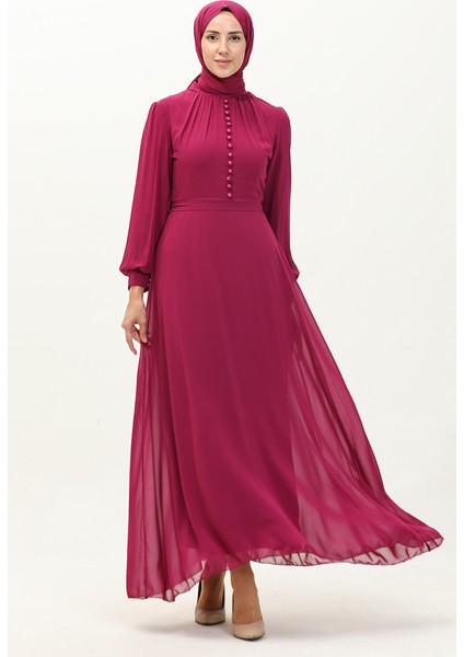 Düğme Detaylı Kuşaklı Şifon Abiye Elbise 5695A-03 Fuşya fiyatları