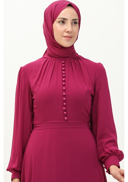 Düğme Detaylı Kuşaklı Şifon Abiye Elbise 5695A-03 Fuşya modelleri
