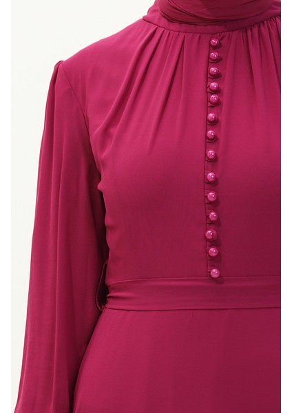 Düğme Detaylı Kuşaklı Şifon Abiye Elbise 5695A-03 Fuşya fırsatları