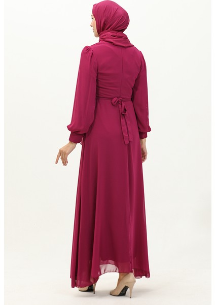 Düğme Detaylı Kuşaklı Şifon Abiye Elbise 5695A-03 Fuşya indirimleri