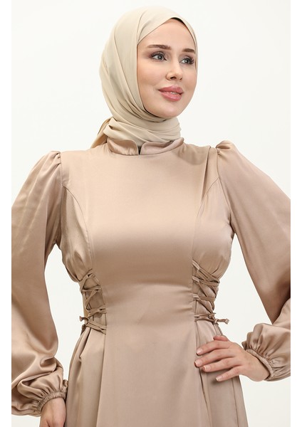 Yandan Bağlamalı Abiye Elbise 6156-06 Vizon