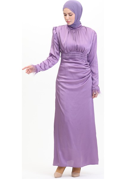 Pile Detaylı Saten Abiye Elbise 6374-03 Lila