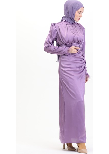 Pile Detaylı Saten Abiye Elbise 6374-03 Lila