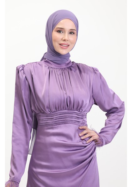 Pile Detaylı Saten Abiye Elbise 6374-03 Lila