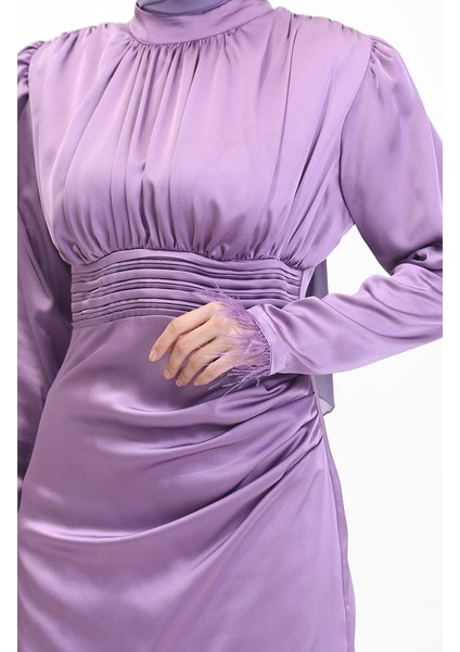 Pile Detaylı Saten Abiye Elbise 6374-03 Lila
