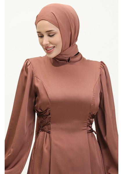 Yandan Bağlamalı Abiye Elbise 6156-02 Kahverengi modelleri