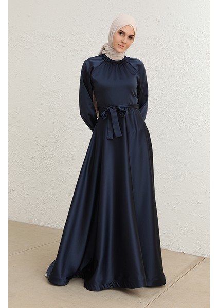 Kuşaklı Saten Abiye Elbise 5758-01 Lacivert