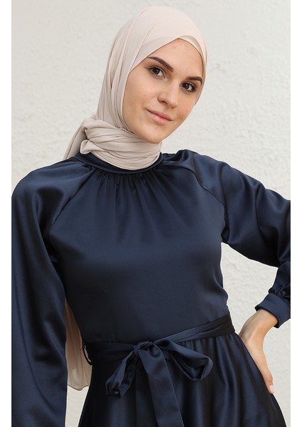 Kuşaklı Saten Abiye Elbise 5758-01 Lacivert