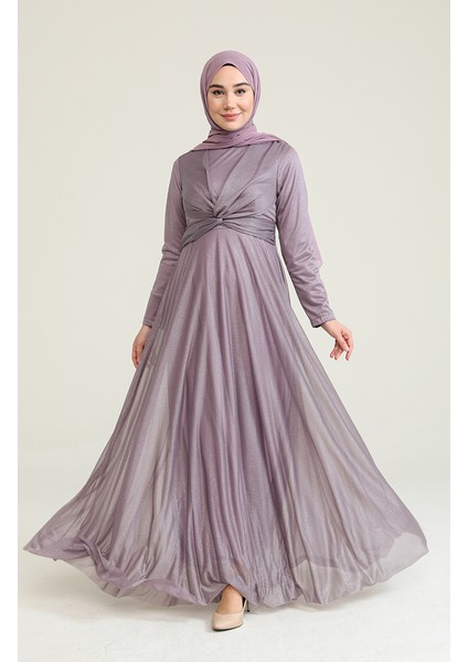 Simli Abiye Elbise 5397-19 Açık Lila